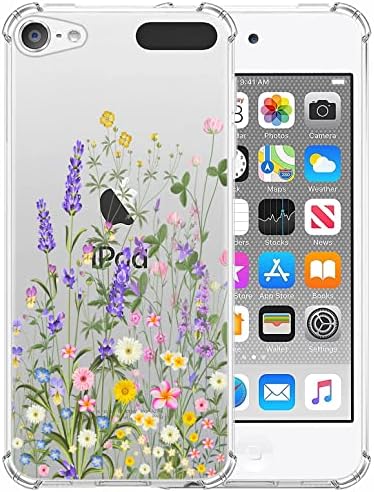 Цветен случај компатибилен со iPod Touch 7/6/5 за девојчиња жени, шарена трева под -четка лаванда цветна шема чиста TPU браник заштитна обвивка