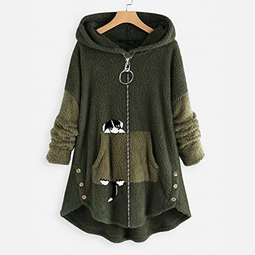 Качулка палто тинејџерка симпатична животинска графичка надворешна облека со џеб со долг ракав поштенски патент Шерпа џемпер со