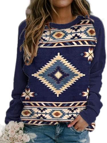 Aztec Jumshirtените жени со долги ракави со екипаж ретро западно етнички маички геометриски џемпери за џемпер на џемпер