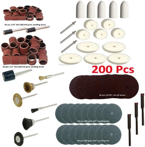 200 парчиња комплети за додатоци за ротациони алатки за напојување поставени за Dremel 3000 4000 4000 Chicago Electric, Milwaukee