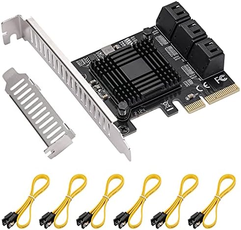 JKTink PCI Express 6 порти 4x картичка, 6 Gbps SATA 3.0 PCIe Expansion Card, не-RAID, поддржува HDD, со заграда со низок профил и 6 кабли SATA,