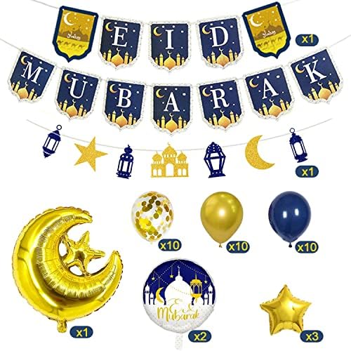 Декорации за еид за домашни украси Еид Мубарак Еид Мубарак Банер Еид Мубарак Балони Сјај Сјајна Стар Гарланд за забава на муслимански