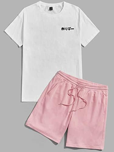 NIBHZ облека со две парчиња за мажи мажи пијалоци и јапонски букви графички мета и шорцеви за половината за влечење
