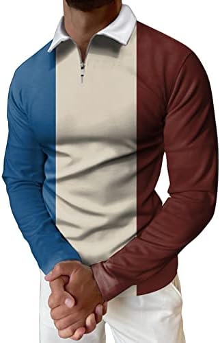 Zddo Mens Polo кошули патент вратот голф врвови со долги ракави, лекувана кошула во боја блок крпеница тенок фит мускулен кошула