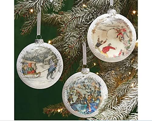 Разнесени стакло Божиќни украси диск рачно насликани куриби и гроздобер снег сцена украси за новогодишни елки со дијаметар од 3,75 инчи со