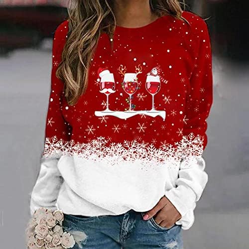 Божиќни трендовски обични врвови за женски обични долги ракави во боја на бојата, џемпери за снегулки снежни кошули за снежници