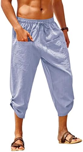 Coofandy машки постелнина харем панталони Обични еластични половини капри панталони со панталони со јога со џебови со џебови