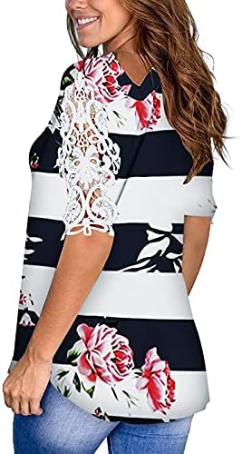 Вени летни врвови за жени плажа, жени чипка цветна принт V-врат-необична кошули со краток ракав лабава блуза од туника