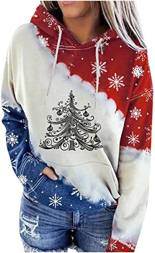 Gatxvg 2022 елка печати качулка врвот, женски лепенка за лепенка за божиќни џемпери на божиќни маички врвови на врвови кошули