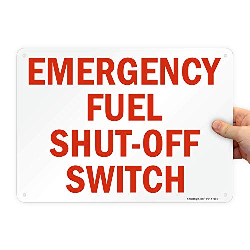 SmartSign 10 x 14 инчи „Прекинувач за исклучување на итни случаи“, метален знак, отпечатен екран, 40 мил ламинат алуминиум, црвена и бела