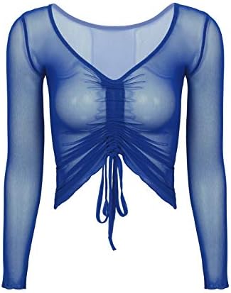 Јонгс женски долг ракав со долга ракав блуза секси длабока v врат чиста мрежа види низ културата на јога спортски спортски врвови врвови