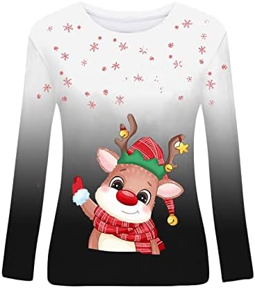 Qtthzzr плус големина џемпери за жени со долги ракави екипаж на екипаж на екипаж Божиќ, симпатична лоза графичка печатена маица кошула