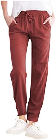 Bakgeerle Women Cotton Linen Lounge долги панталони летни еластични еластични високи половини за влечење џеб со џеб широки панталони со