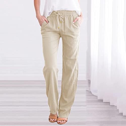 Памучни постелнини панталони за жени, влечење еластична висока половината лето јога палацо панталони удобни модни панталони со џебови
