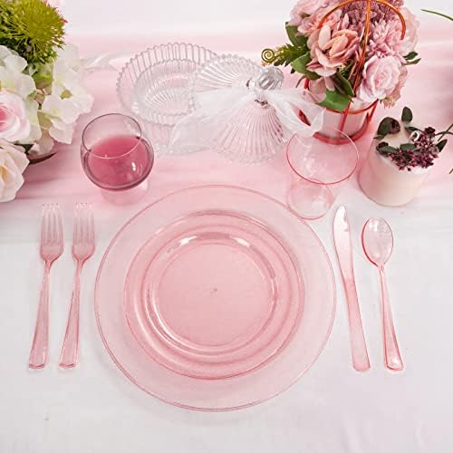 DaYammi 150 ПАРЧИЊА Розови Пластични Чинии За Еднократна Употреба Комплет Розови Садови За Вечера Јасни Розови Чинии За Забави со Дизајн на Сребрен