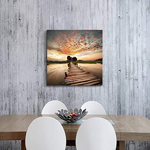 Слики со уметнички дела на езерото мост: плоча во зајдисонце со облаци што сликаат печатење на платно wallидна уметност врамена за дневна соба