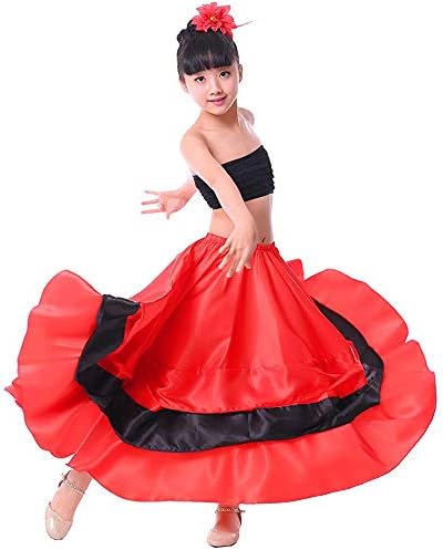 Девојки црни црвени рафли слоеви сатен долго здолниште за шпански фламенко стомак танц цигански фолклорико