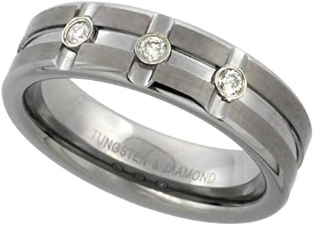 6мм и 8мм Неговите и нејзините свадбени прстени со дијаманти во волфрам 3 камени хоризонтални и вертикални жлебови сатенски финиш удобност вклопуваат