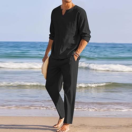 Мажи парчиња памучни постелнина сет Хенли кошула со долг ракав и обични панталони на плажа летни јога мрежи за влечење мажи
