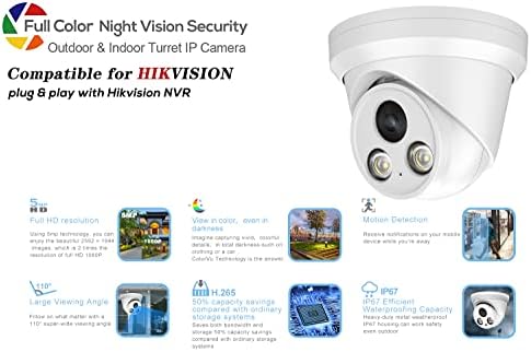 Компатибилен за Hikvision 5MP POE IP камера со вграден микрофон, 24 часа со полно работно време, откривање на човечки и возила, фиксни