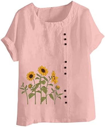 Преголеми памучни постелнини маички за жени плус големина на копче за кратки ракави врвови лабава удобна летна рунда на вратот Основни маички