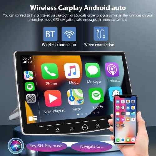 Стерео со единечен Din Car со безжичен Apple CarPlay, 10 инчен прилагодлив екран на допир Bluetooth Car Radio со GPS навигациска