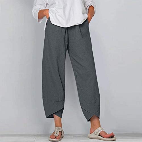 Yubnlvae панталони за жени со висока половината еластична лабава памучна постелнина панталони со џебови цврсти трендовски обични