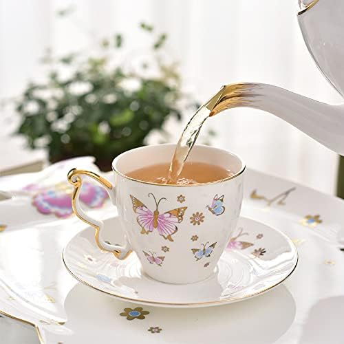 RIS LAN коска порцелански кафе чај подароци, 10-парчиња чаши и сервис за чинија за 6, чајник, шеќер сад, крем стомна и сад за чај.