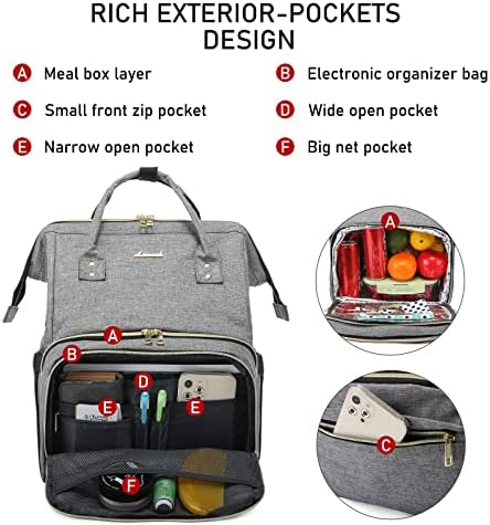 Lovevook ручек ранец лаптоп ранец за женски училишен колеџ ранец, медицинска сестра торба торбички патувања ранец со USB порта, сива