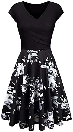 Wpoumv летни фустани за жени цветни печати краток ракав против фустан од вратот плус големина обичен линиски фустани трендовски миди фустан