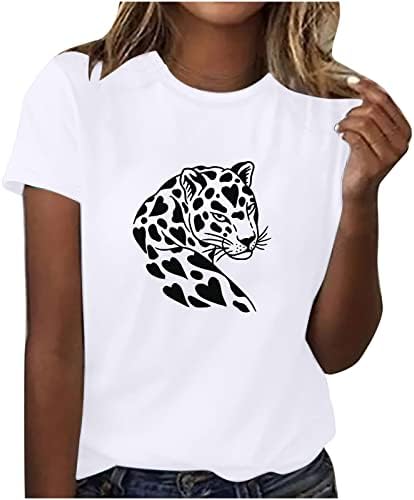 Женски летен леопард печатена маица екипаж Краток ракав смешни слатки животински графички врвови на врвови