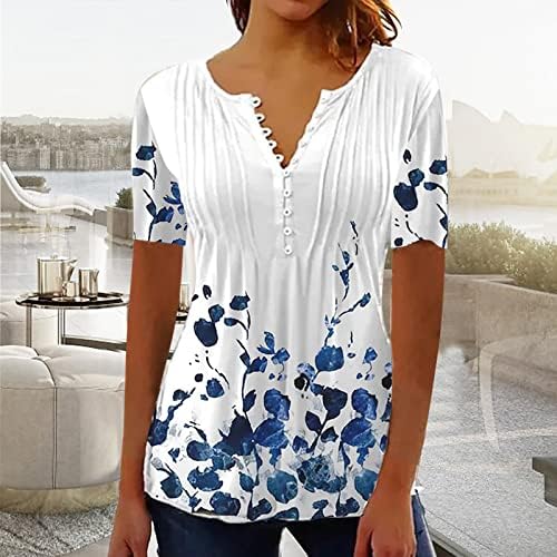 Женски обични врвови на туники 2023 летни кратки ракави лабави проток Хенли кошули слатки цветни блузи за хеланки