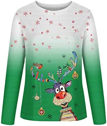 Грди Божиќни џемпери за жени мода 2023 Нова Година на екипаж со долги ракави снегулка Снегулка Симпатична кошула за печатење на елк