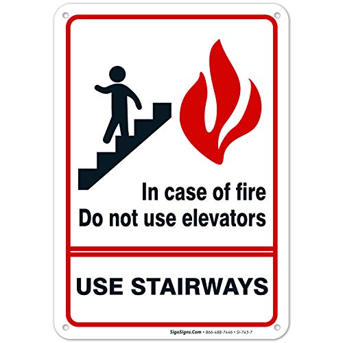 Пожарникарот, во случај на пожар, не користи знак на лифтови, 10х7 инчи, без 'рѓа .040 алуминиум, отпорен на згаснување, направен во САД