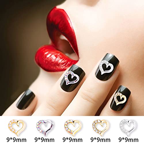 Wookoto 30 парчиња 3Д злато и сребро срце, привлечноста на ноктите и рингестоните за акрилни нокти луксузни нокти срцеви шарми за