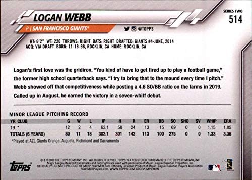 2020 TOPPS 514 Logan Webb RC Rookie San Francisco Giants MLB картичка за тргување со бејзбол