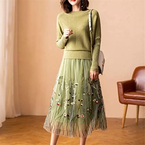 QJPaxl interенски зимски плетен фустан одговара моден џемпер со долги ракави со џемпер со везени здолништа поставени 2 парчиња обични облеки