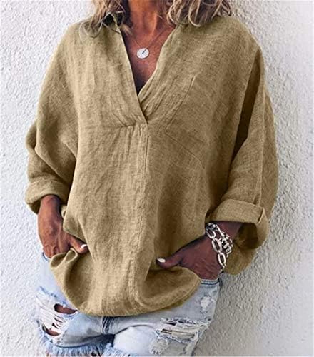 Angенски обични кошули со angongnywell v вратот манжетирани со долги пакети за палење на ракав, врвови на блузи, кошула за блузи
