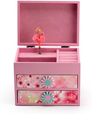 Розова дрвена цветна тема 18 белешка од балерина музичка кутија - многу песни што треба да се изберат - зајдисонце на изгрејсонце