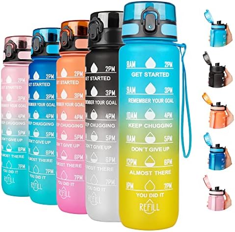 Gulex 32oz Мотивациони шишиња со вода со временски маркер, протекување на БПА бесплатно нетоксично пиење спортско шише со вода со лента