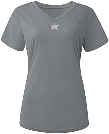 Fragarn плус врвови со големина за жени, женски случајни starвездени печати кратки ракави Основни кошула Основна кошула лабава вклопена во