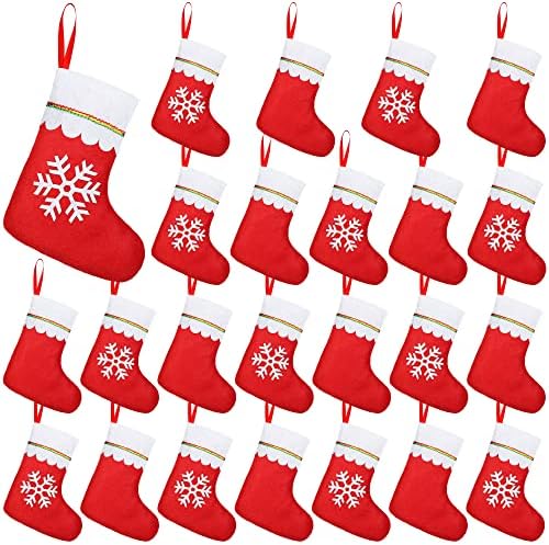 Hiwooii 24 пакувања Божиќни чорапи чорапи 9 инчи црвени почувствувани Божиќни чорапи бели снегулки за порибување за новогодишна елка