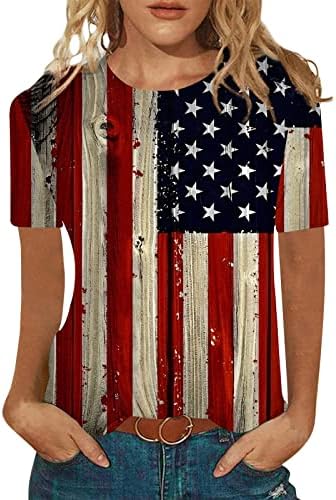 Работни кошули за жени на 4 јули печатење на вратот 2023 атлетски опуштени врвови за жени со краток ракав за жени