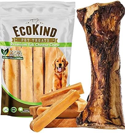 Пакет сорта на Ecokind | Јак сирење средно куче - 3 џвакања, полнети шини коски | Здрави лекувања на кучиња, долготрајни коски на кучиња за