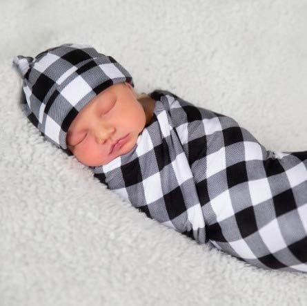 Бакар Робин црно -бел биволско карирано карирано ќебе и сет на капа, големо ќебе за примање, капаче за новороденчиња