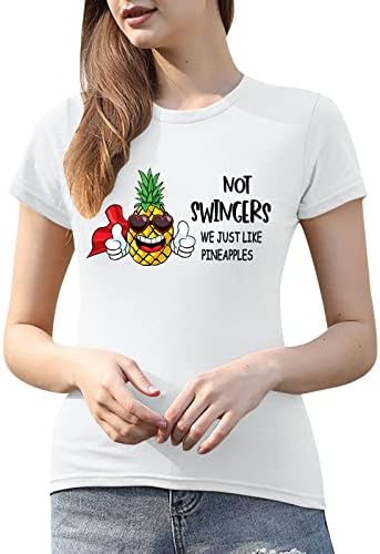 Плус големина летни врвови за жени, симпатична ананас печатена летна маица со кратки ракави, обични графички маички