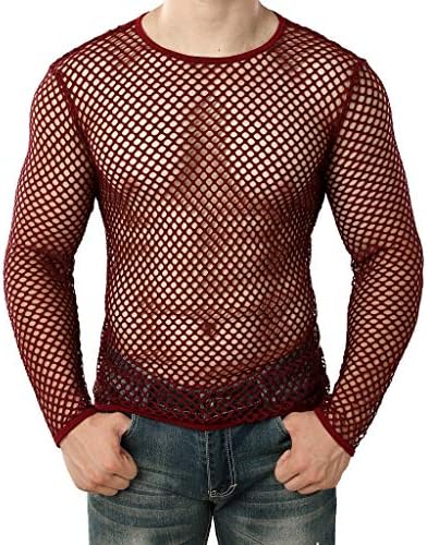 Машка мрежа за мажи, видете преку кошули со рибини, мускули пуловер со долги ракави екипаж на вратот на вратот, чиста клупска облека за облека