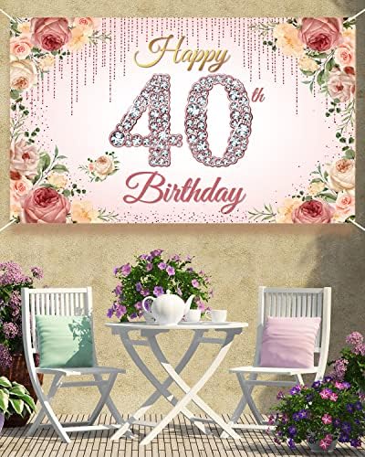 Htdzzi 40 -ти роденденски декорација жени, среќен 40 -ти роденденски банер, розово злато 40 годишен роденденски штанд со фото -штанд, реквизити,