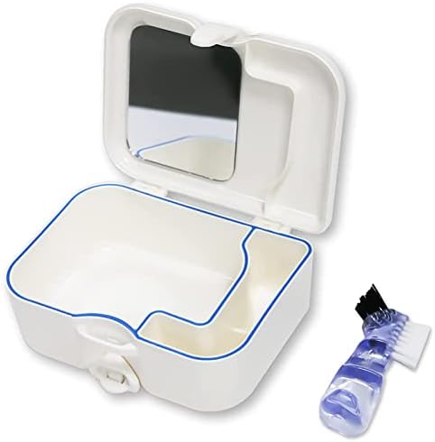 Кутија за чаши за бања со протеза со со огледало и чиста четка, преносен држач за протези за складирање на сад за чистење на патувања, контејнер