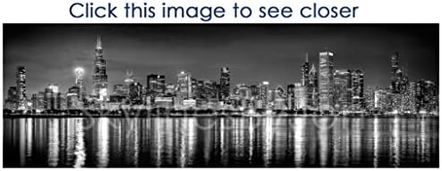 Чикаго Skyline Photo Protion Print Необрачен ноќен црно -бел B&W BW 11,75 инчи x 36 инчи Фотографска панорама печатена фотографија